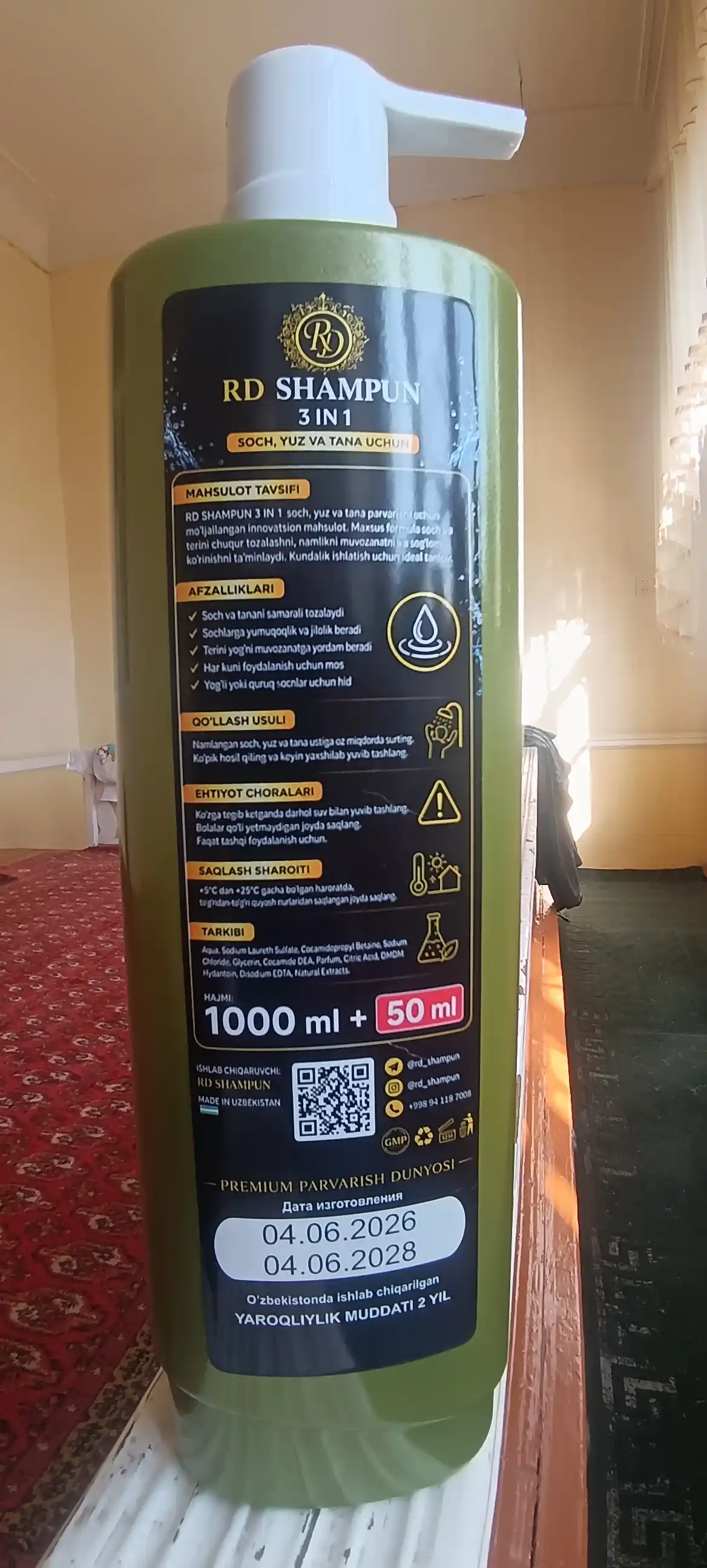 RD dush shampuni va geli, soch, yuz va tana uchun 3 tasi 1 da, yangi formula, 1000 ml + 50 ml