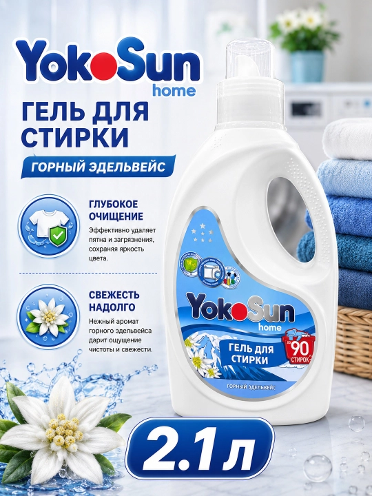 YokoSun Home Kir yuvish geli Tog‘ edelveysi, 2,1 l, 90 tagacha yuvish - 