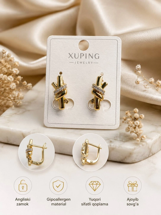 XUPING серьги женские, золотистые, английский замок, стильный дизайн - 