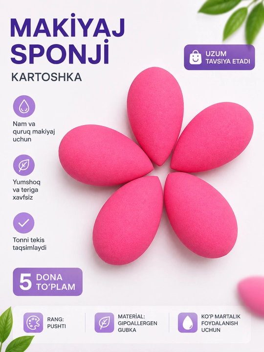 Makiyaj uchun kosmetik spanj, yumshoq va elastik, 5 dona - 