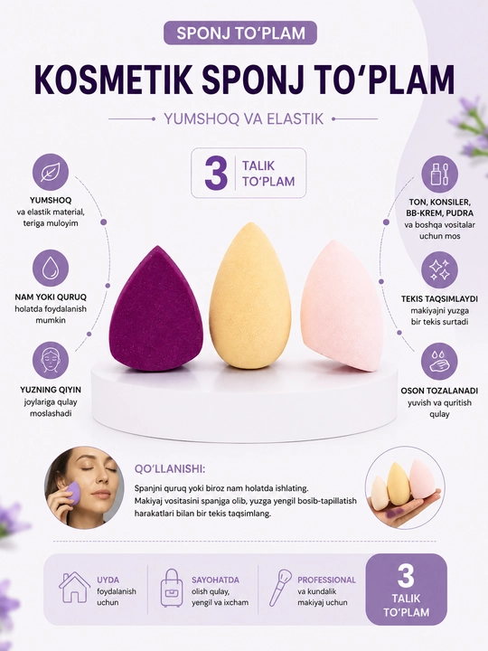 Makiyaj uchun kosmetik spanj, yumshoq va elastik, 3 dona - 