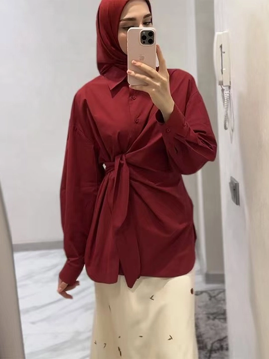 Ayollar o‘rama bluzka-rubashkasi, belbog‘li, uzun yengli S–2XL — ELLY FASHION