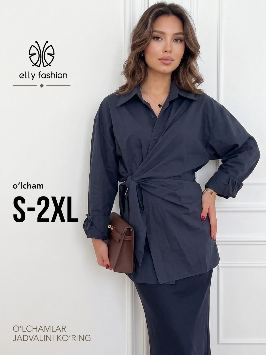 Ayollar o‘rama bluzka-rubashkasi, belbog‘li, uzun yengli S–2XL — ELLY FASHION
