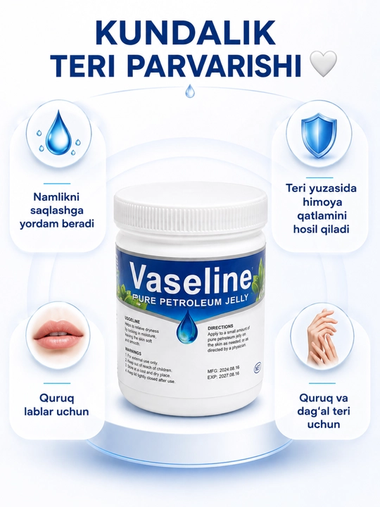Vaseline Pure Petroleum Jelly — 100% sof vazelin, teri uchun himoya va namlovchi vosita