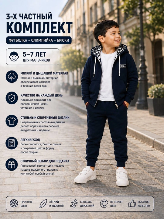 O‘g‘il bolalar uchun 3 qismli sport kostyumi, kapyushonli to‘plam, 5–7 yosh