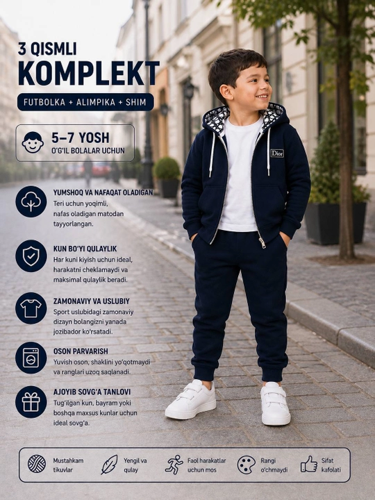 O‘g‘il bolalar uchun 3 qismli sport kostyumi, kapyushonli to‘plam, 5–7 yosh