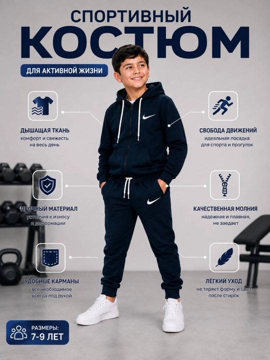 Спортивный костюм двойка для мальчиков 7–9 лет, с капюшоном, на молнии, 3 цвета - 