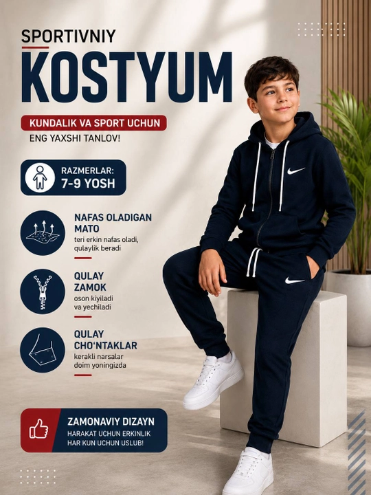 O‘g‘il bolalar sport kostyumi dvoyka 7–9 yosh, kapyushonli zamokli, 3 xil rang