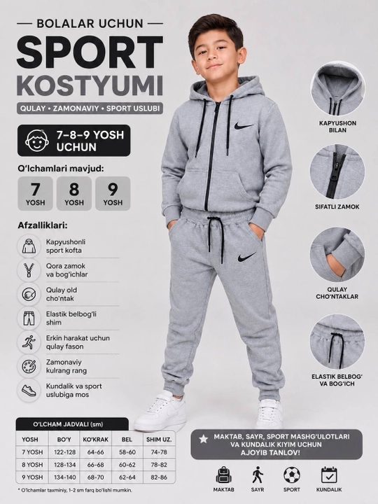 O‘g‘il bolalar sport kostyumi dvoyka 7–9 yosh, kapyushonli zamokli, 3 xil rang