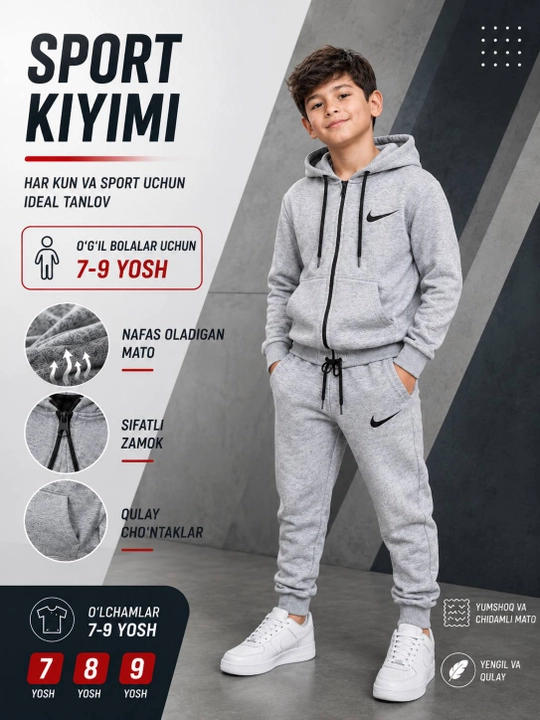 O‘g‘il bolalar sport kostyumi dvoyka 7–9 yosh, kapyushonli zamokli, 3 xil rang