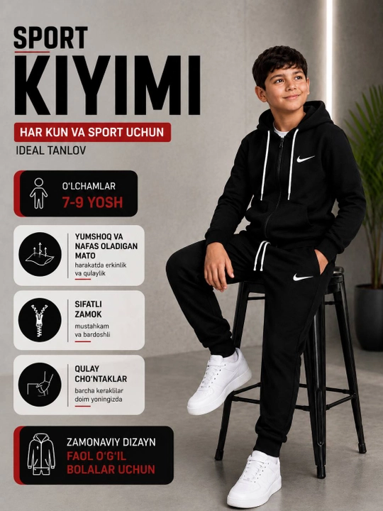 O‘g‘il bolalar sport kostyumi dvoyka 7–9 yosh, kapyushonli zamokli, 3 xil rang