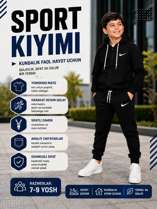 O‘g‘il bolalar sport kostyumi dvoyka 7–9 yosh, kapyushonli zamokli, 3 xil rang