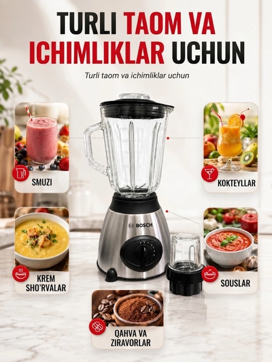 Bosch 1000 Vt statsionar blender 3 ta 1 da, 1,5 l, kofemolka va maydalagich
