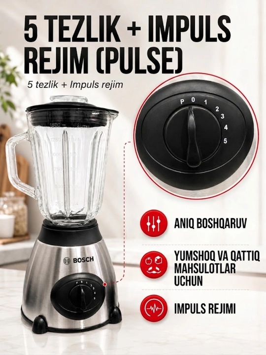 Bosch 1000 Vt statsionar blender 3 ta 1 da, 1,5 l, kofemolka va maydalagich