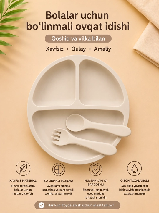 Bolalar uchun silikon bo‘linmali ovqat idishi, qoshiq va vilka bilan, sirpanmaydigan - 