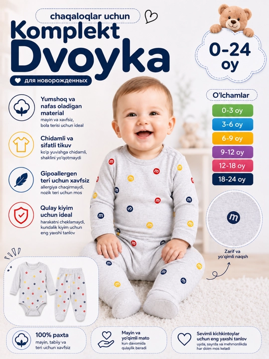 Chaqaloqlar uchun bolalar to‘plami, yangi tug‘ilgan chaqaloqlar uchun kiyim, paxtalik kostyumcha, mayin - 