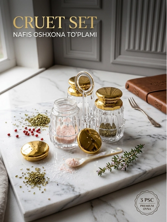 Tuz va murch idishlari to'plami stend bilan, tillarang qopqoqli shaffof solonka, 3 dona - 