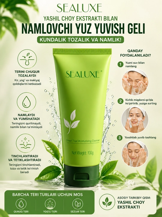 ECO Greenleaf Yashil choy ekstrakti bilan namlantiruvchi yuz yuvish geli