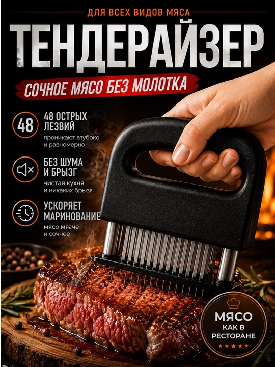 Механический тендерайзер с 48 острыми иглами из нержавеющей стали - 