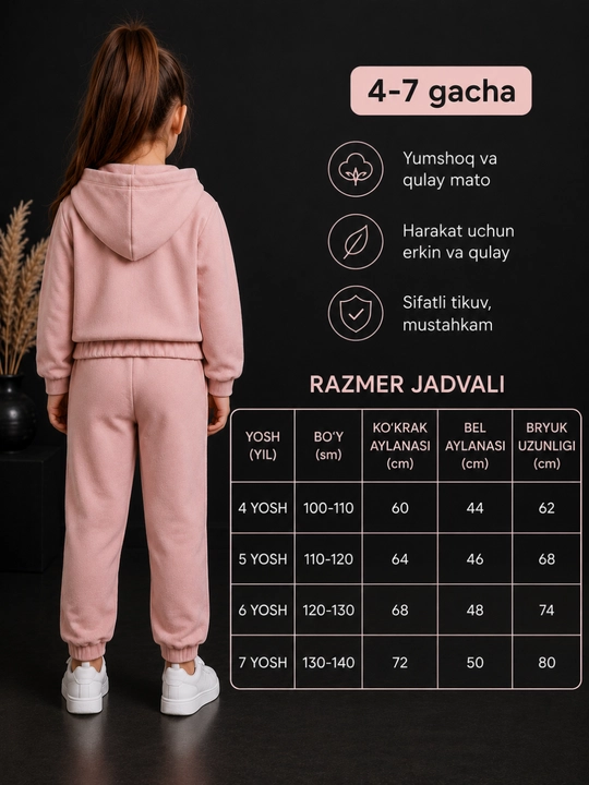 Qizlar uchun issiq dvoyka 4–7 yosh pushti polyester kostyum