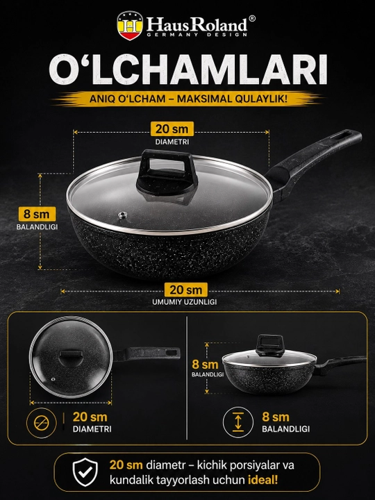 Сковородка HausRoland с крышкой глубокая с длинной ручкой, черная