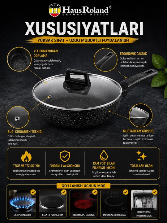 Сковородка HausRoland с крышкой глубокая с длинной ручкой, черная