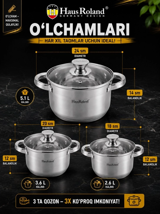 Кастрюля HausRoland, набор из 3 кастрюль со стеклянными крышками, 6 предметов