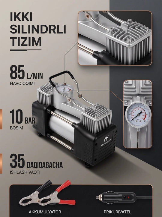 Ikki silindrli va bir silindrli avtomobil kompressori,85 l, Avtomobil nasosi, manometrli