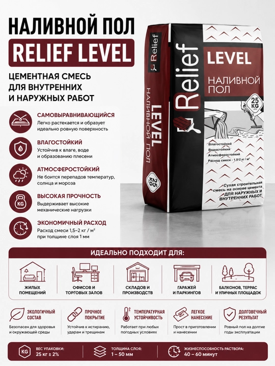Relief Level quyma pol 25 kg sement asosidagi aralashma ichki va tashqi ishlar uchun - 