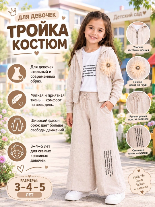 Qiz bolalar sport kostyumi uchlik, xudi, futbolka va shim, 3–5 yosh, kundalik kiyim
