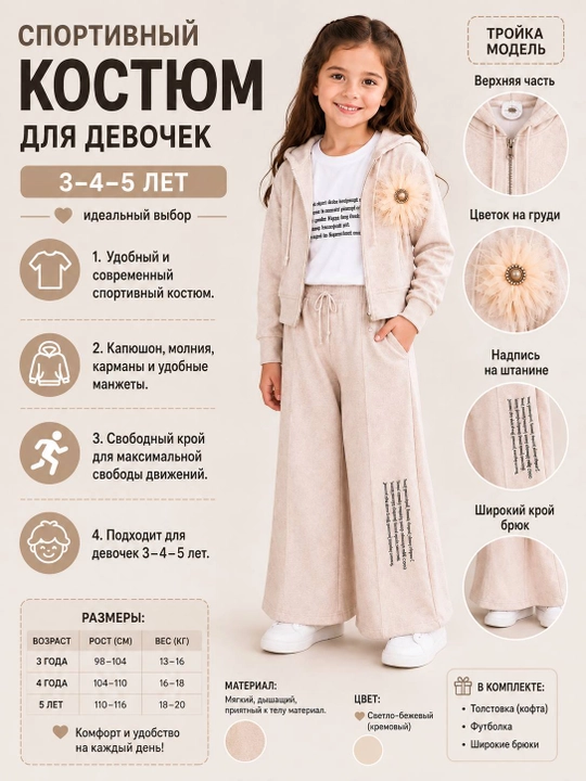 Qiz bolalar sport kostyumi uchlik, xudi, futbolka va shim, 3–5 yosh, kundalik kiyim