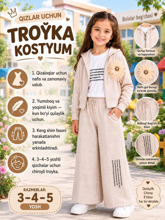 Qiz bolalar sport kostyumi uchlik, xudi, futbolka va shim, 3–5 yosh, kundalik kiyim