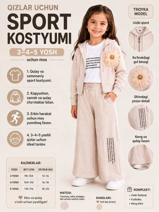 Спортивный костюм тройка для девочек, худи, футболка и брюки, 3–5 лет - 