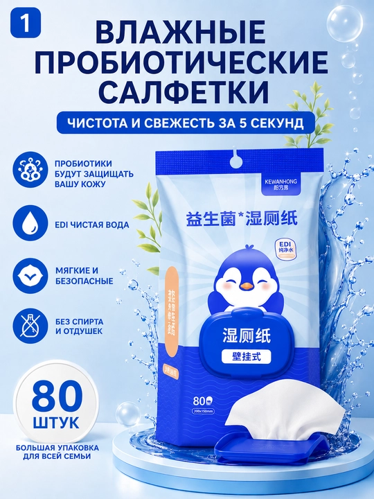 Probiotikli nam hojatxona qog'ozi, probiotikli nam hojatxona salfetkalari - 80 dona - 
