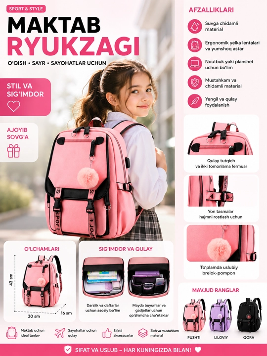 Qizlar uchun USB portli ryukzak — maktab va dam olish uchun - 
