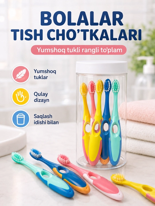Bolalar uchun tish cho‘tkalari to‘plami, 8 dona, saqlash idishi bilan - 