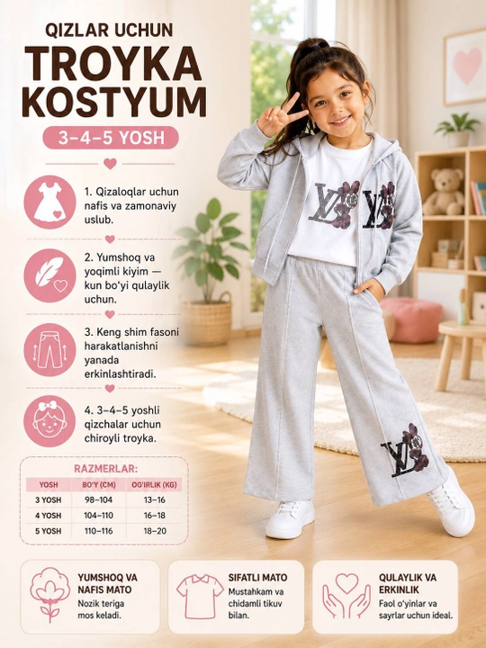 Qiz bolalar troyka sport kostyumi, Mickey Mouse naqshli, xudi, futbolka, shim, 3-5 yosh