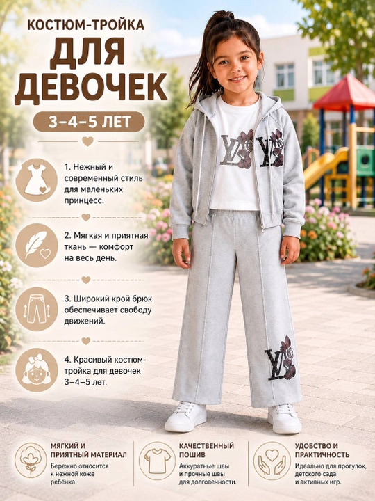 Qiz bolalar troyka sport kostyumi, Mickey Mouse naqshli, xudi, futbolka, shim, 3-5 yosh