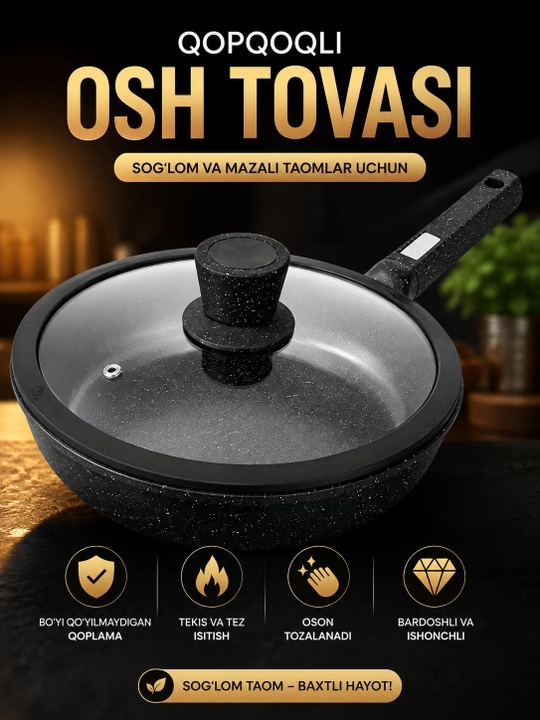 Сковородка HausRoland глубокая со стеклянной крышкой и длинной ручкой, черная - 