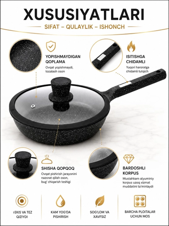Сковородка HausRoland глубокая со стеклянной крышкой и длинной ручкой, черная