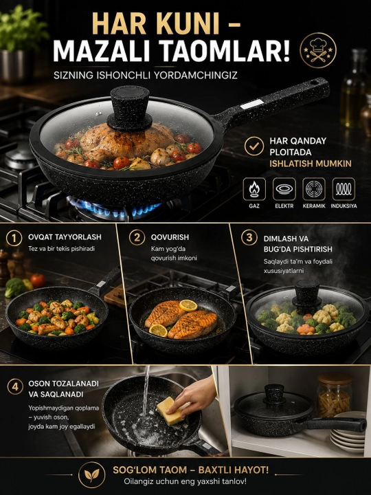 Сковородка HausRoland глубокая со стеклянной крышкой и длинной ручкой, черная