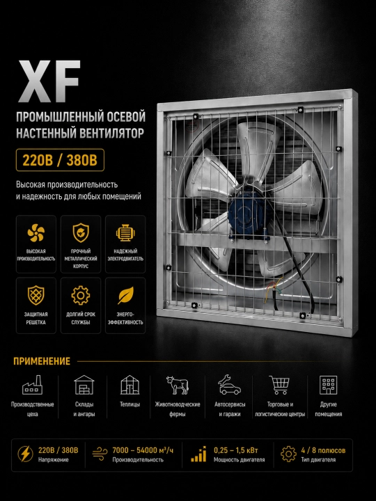 XF sanoat devoriy aksial ventilyatori 220V, 7000–54000 m³/soat, metall korpus