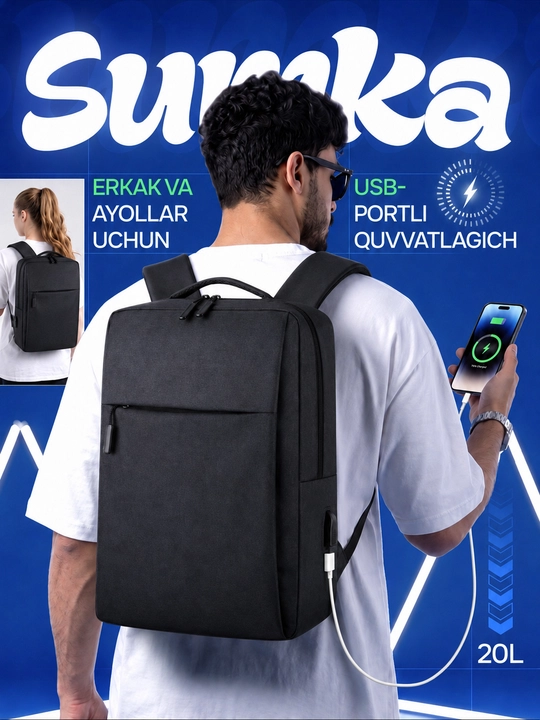 Erkaklar ryukzagi, kundalik, shahar, noutbuk va sayohatlar uchun mo‘ljallangan, USB portli - 