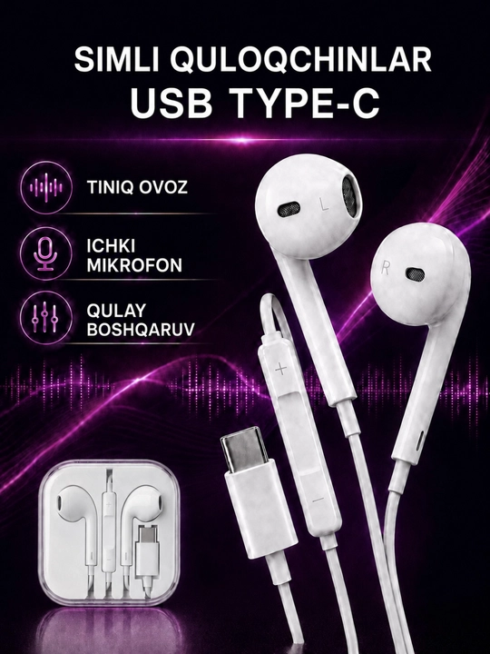 Simli quloqchinlar Lightning, USB Type-C, AUX, mikrofonli quloqchinlar, telefon naushnik