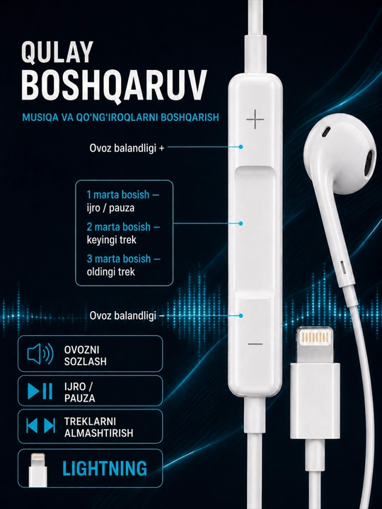Simli quloqchinlar Lightning, USB Type-C, AUX, mikrofonli quloqchinlar, telefon naushnik