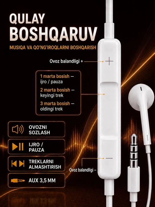 Simli quloqchinlar Lightning, USB Type-C, AUX, mikrofonli quloqchinlar, telefon naushnik