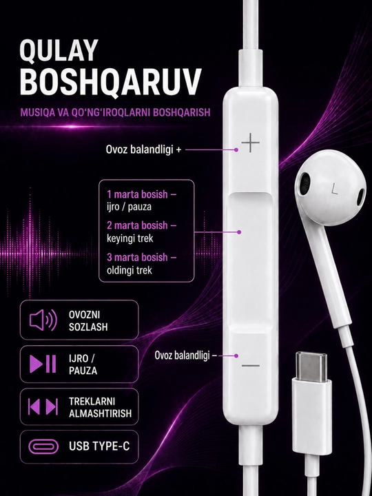 Simli quloqchinlar Lightning, USB Type-C, AUX, mikrofonli quloqchinlar, telefon naushnik