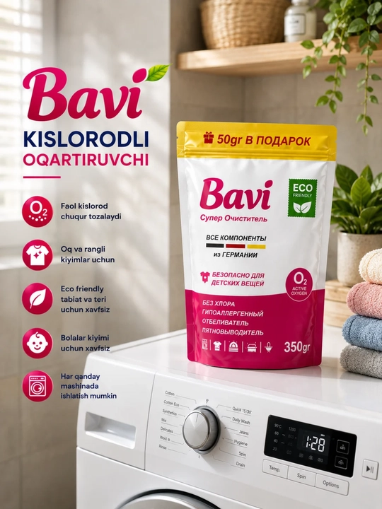 Bavi kislorodli oqartiruvchi tozalagich, dog' ketkazuvchi, xlorsiz, xavfsiz vosita