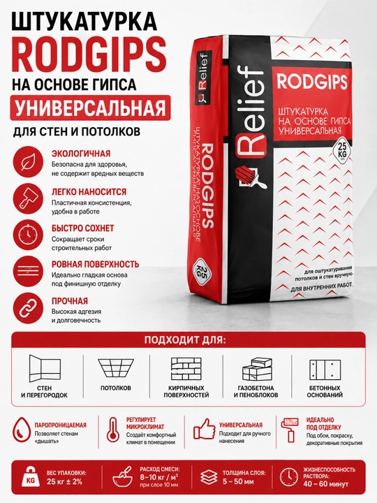 Relief Rodgips universal gipsli suvoq devor va shiftlar uchun 25 kg - 