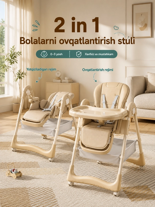 Zamonaviy yig'iladigan ovqatlantirish stulchasi, eko-charm, 2 tasi 1 da - 